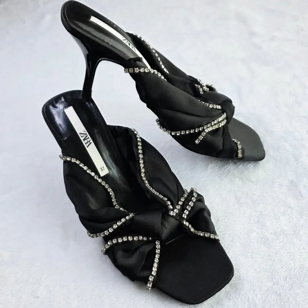 ZARA Satin Mule Heels EU 37 6.5 Black Rhinestone Bow Slip-On Glam Coquette Y2K